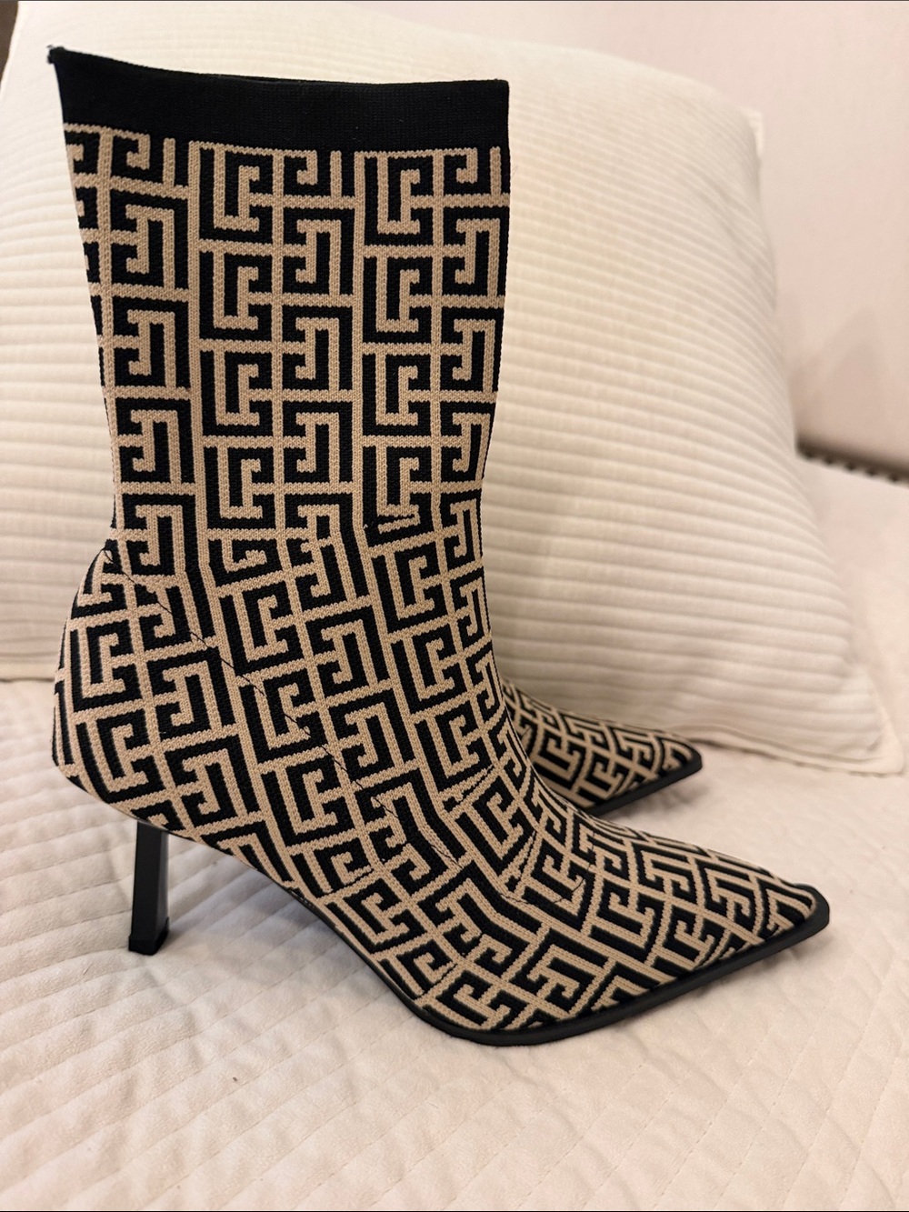 Designer-Inspired Black & Beige Geometric Knit Sock Boots